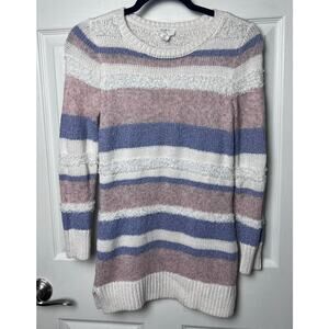 LOFT Women's Lounge Sweater White Pink Lavender Stripe Chenille Size XS